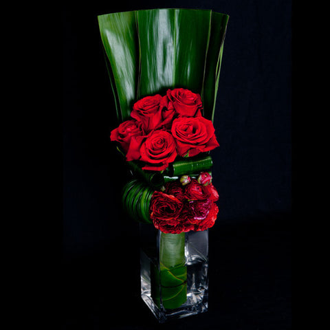 Sculptural Red Rose and Ranunculus Arrangement