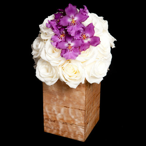 Hand-made Wooden Container with Orchids and Roses